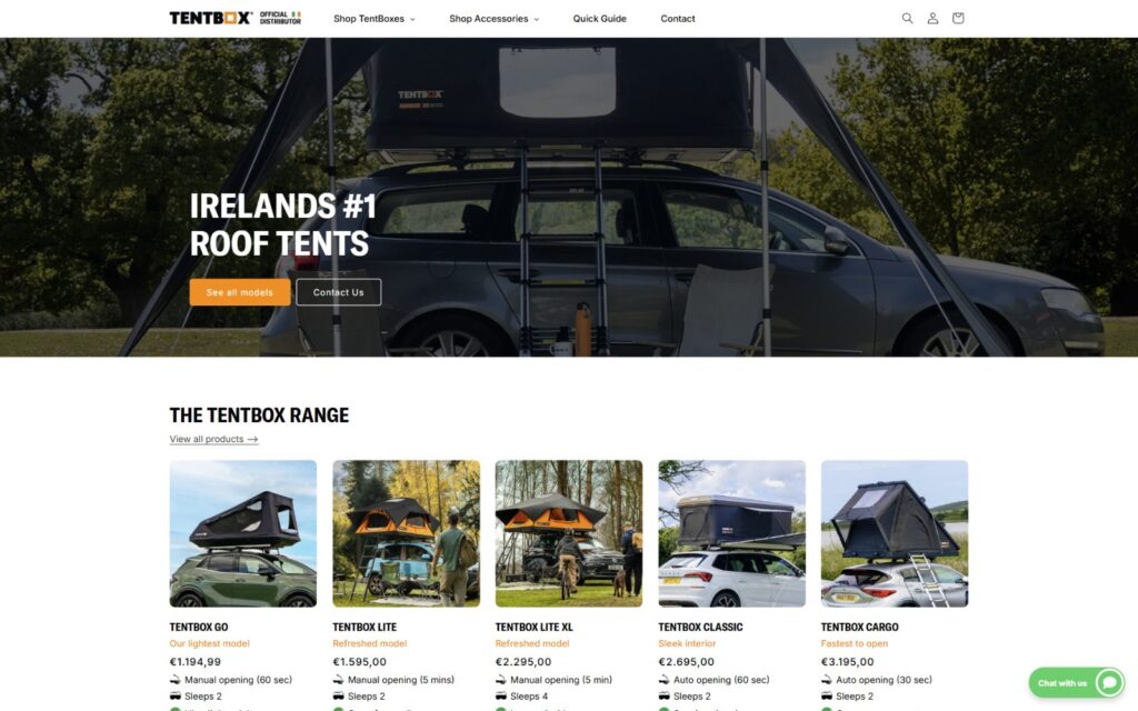 Shopify website for TentBox Ireland